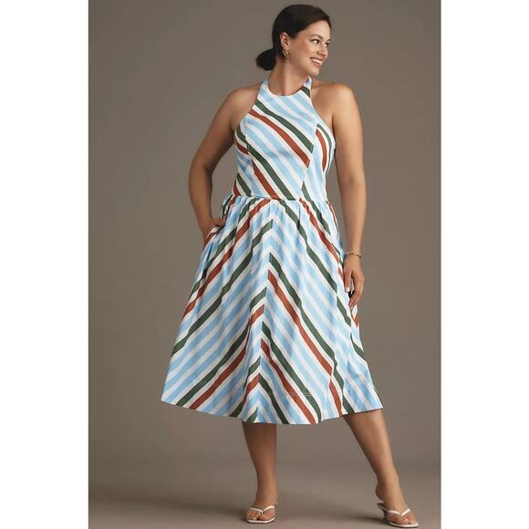 NWT Anthropologie Maeve Halter Midi Sundress $168 XS Neutral Striped Motif - Picture 4 of 7